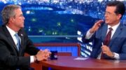 Politician Jeb Bush talks with Stephen Colbert