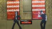 Life-size cut out posters of the stars of Chicago on Broadway