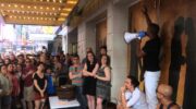 Hamilton ticket lottery in NYC outside Broadway theatre