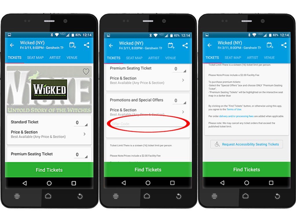 Ticketmaster Discount Offer Code Box using the Android phone