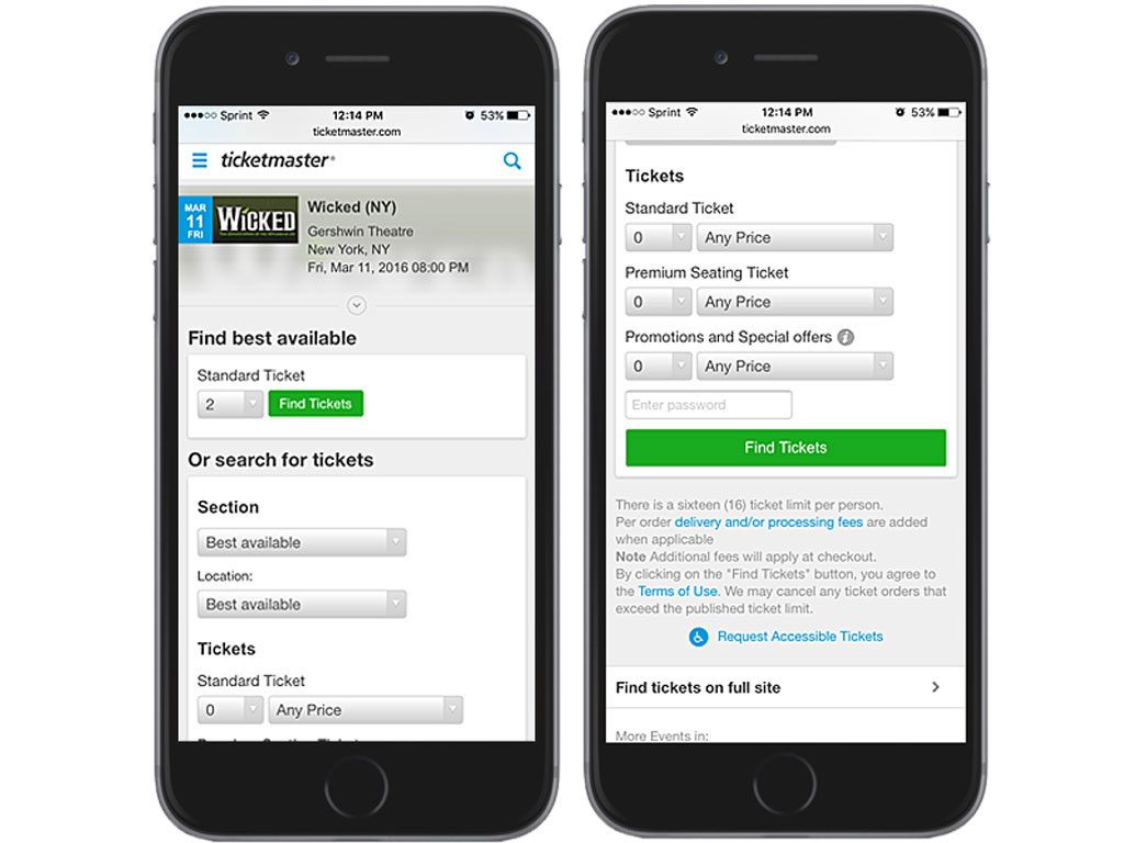 Ticketmaster on iPhone 6 browser