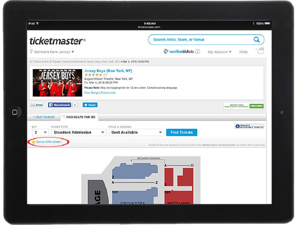 Ticketmaster on iPad Safari Browser
