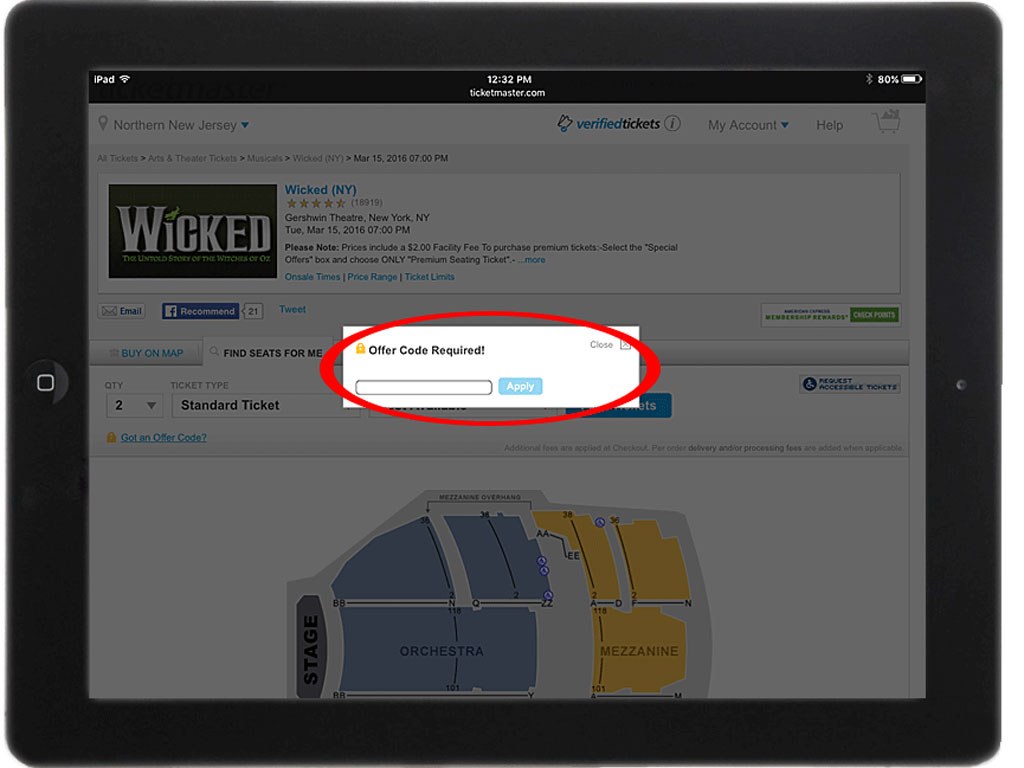 Ticketmaster on iPad Safari browser (Offer Code Pop-Up)