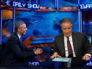 President Barack Obama sit down with Jon Stewart on the Daily Show