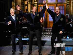 Alec Baldwin, Dwayne "The Rock" Johnson, and Tom Hanks appear on Saturday Night Live