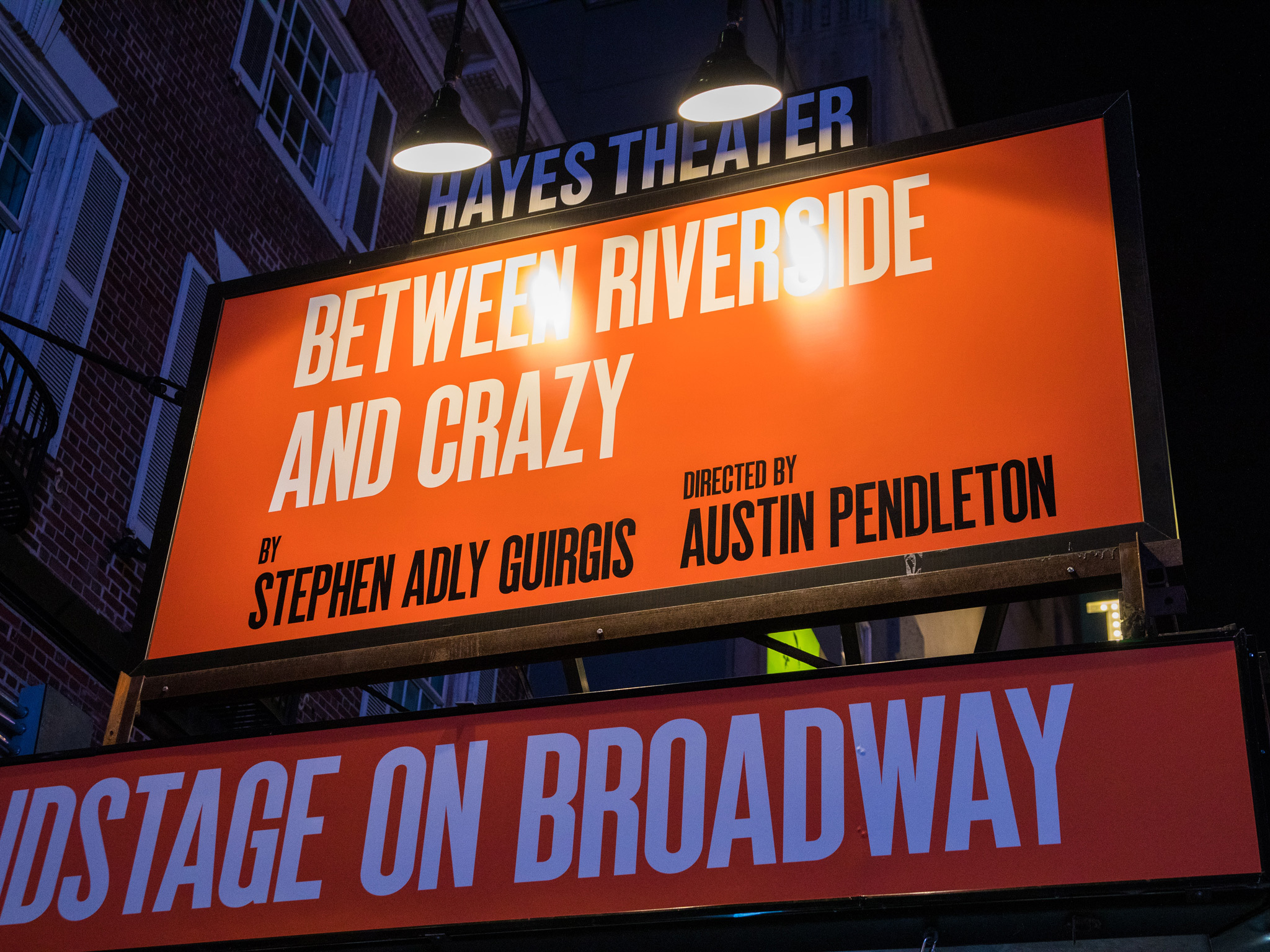 Between Riverside and Crazy Broadway Theatre Marquee at the Helen Hayes Theatre