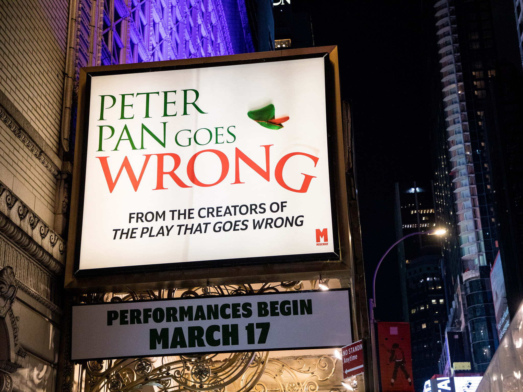 Peter Pan Goes Wrong on Broadway Show Marquee at the Ethel Barrymore Theatre