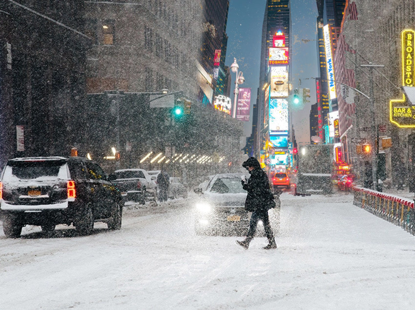Times Square in NYC During A Winter Storm Blizzard