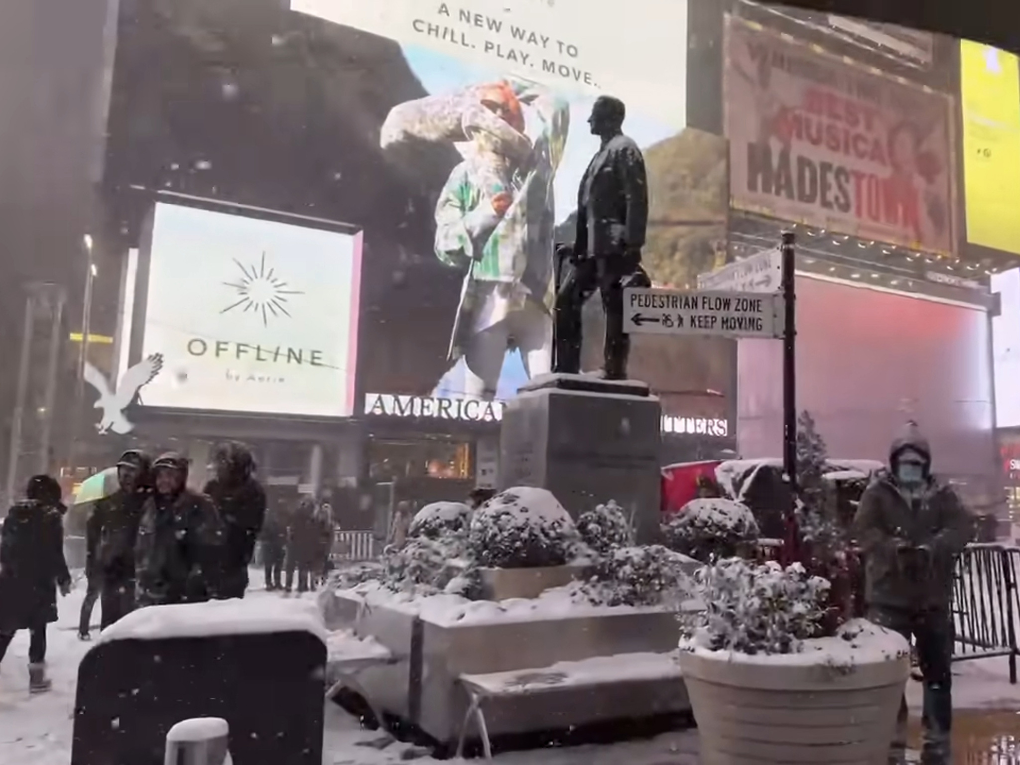 George M Cohan Statue in Times Square in a Snow Storm